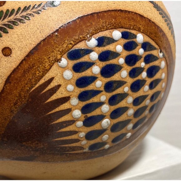 Mexican Folk Art Clay Bird Quail Peacock Planter Tonala Style Large 11" Tall - Picture 5 of 16